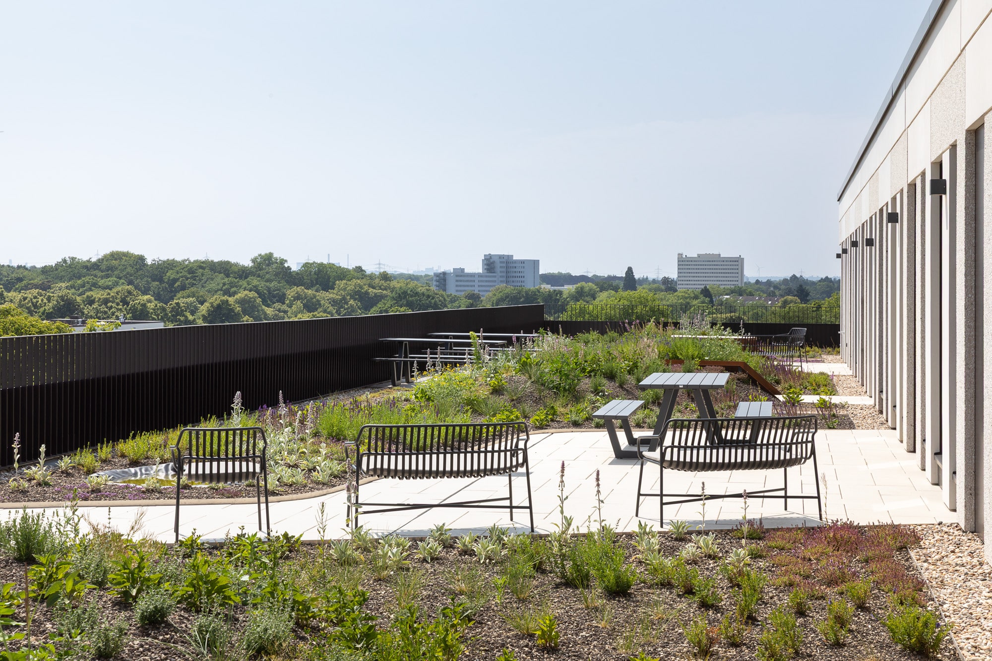 Großzügige Terrasse in den Reiterstaffel Offices Köln mit Sitzgelegenheiten und Ausblick ins Grüne