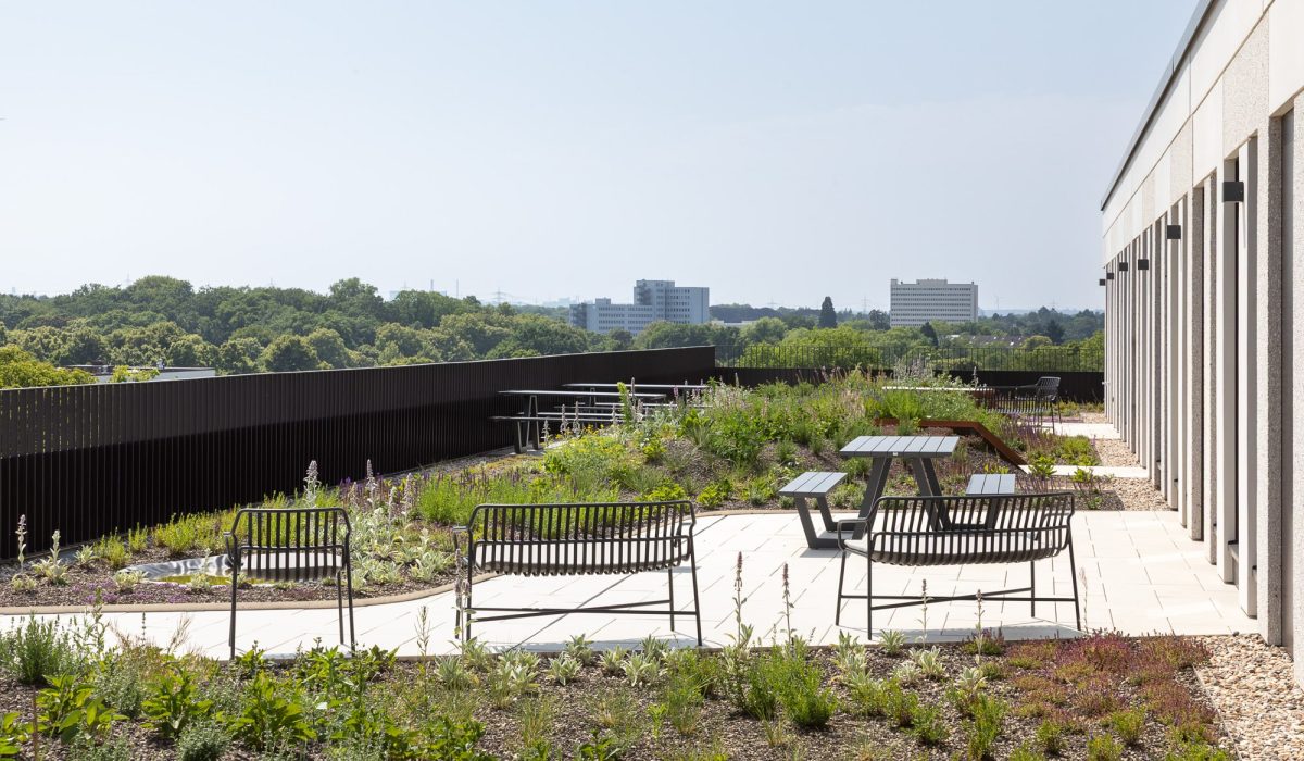 Großzügige Terrasse in den Reiterstaffel Offices Köln mit Sitzgelegenheiten und Ausblick ins Grüne
